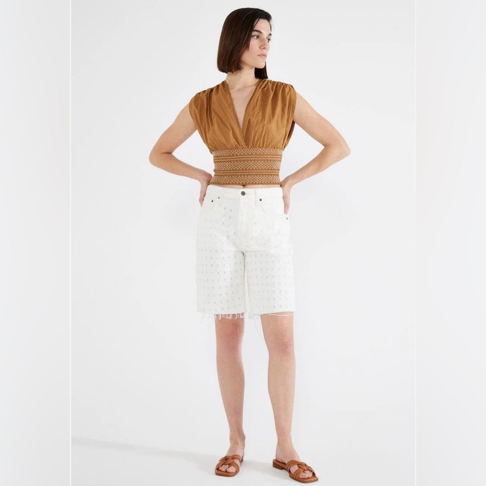 NWT etica NARIN RELAXED LONG SHORTS White Denim Laser Vortex Raw Hem Size 24